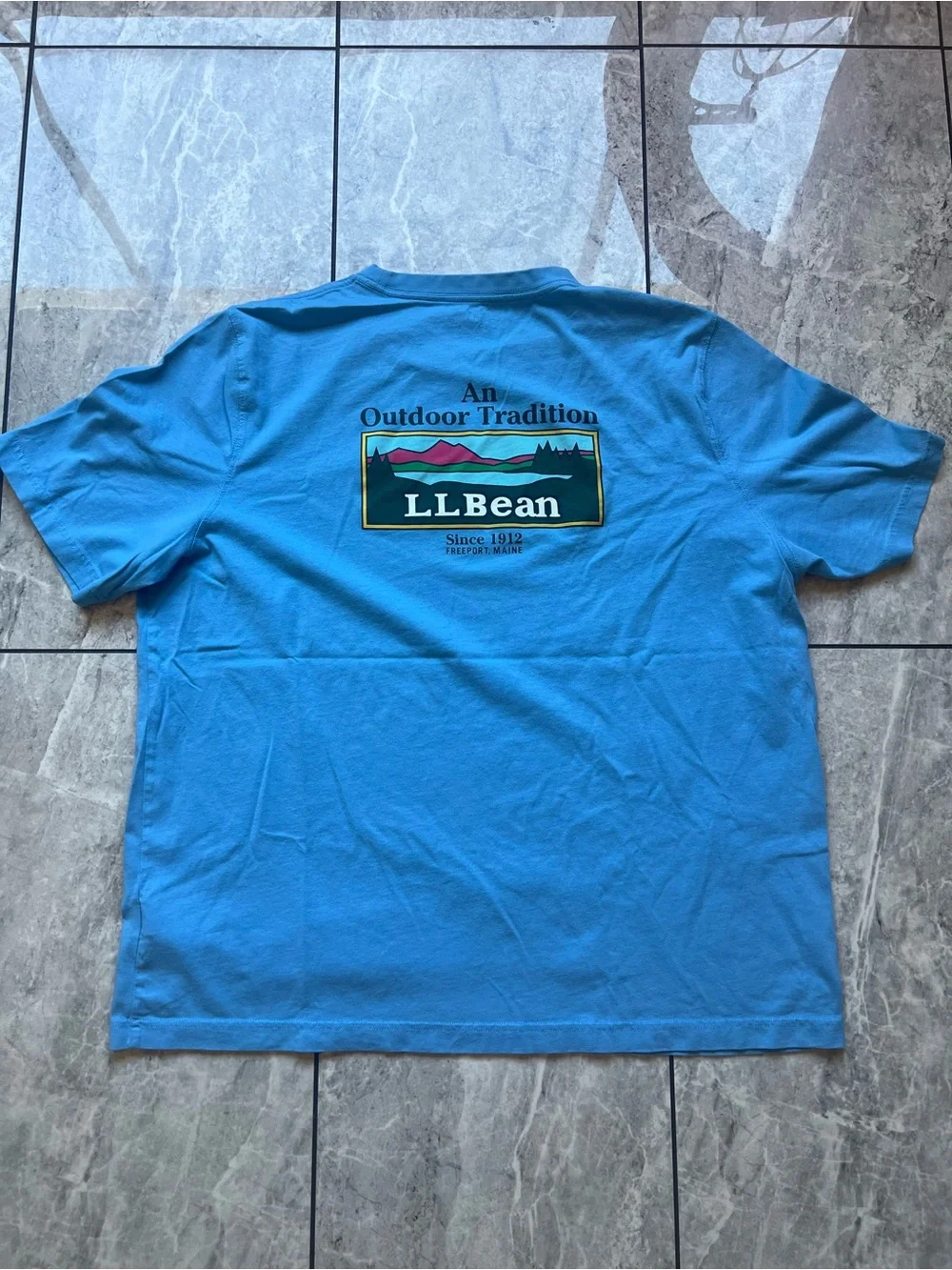 LL Bean Mens XXL Blue Graphic T-Shirt Cotton Outdoor Tradition Logo